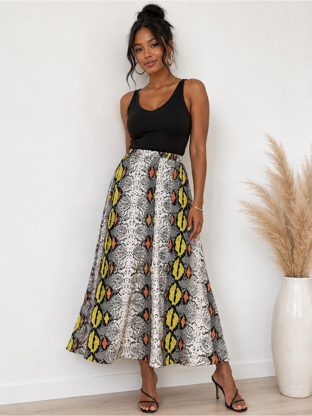 Snake Print Flowy Midi Skirt Size L Yellow Orange Boho A-Line Pull-On